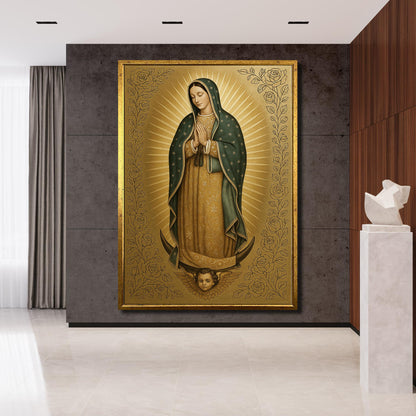 Religious wall art featuring Virgin of Guadalupe detail