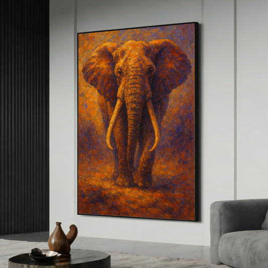 Majestic elephant canvas painting with fiery orange and red hues