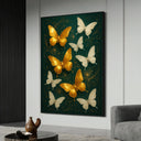 Golden butterflies flutter over a lush green forest on a ready-to-hang canvas.