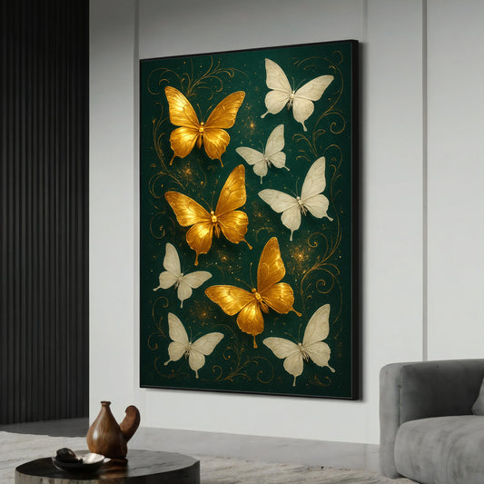 Golden butterflies flutter over a lush green forest on a ready-to-hang canvas.