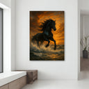 Animal art: black horse in motion on golden sea at dusk