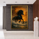 Dramatic horse wall art with sunset and waves
