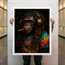 Detail of headphones and stylized graffiti texture on the chimp canvas