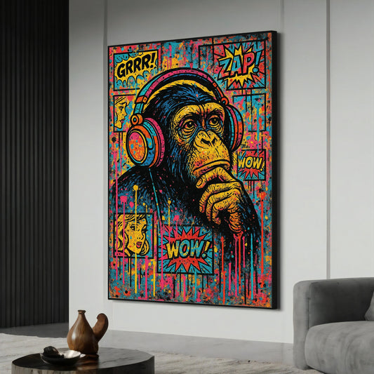Colorful pop art chimp wearing headphones on a canvas painting - front view