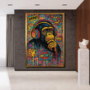 Close-up of vibrant brushstrokes in chimp portrait with headphones