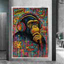 Pop graffiti-inspired chimp artwork in a modern living room setup