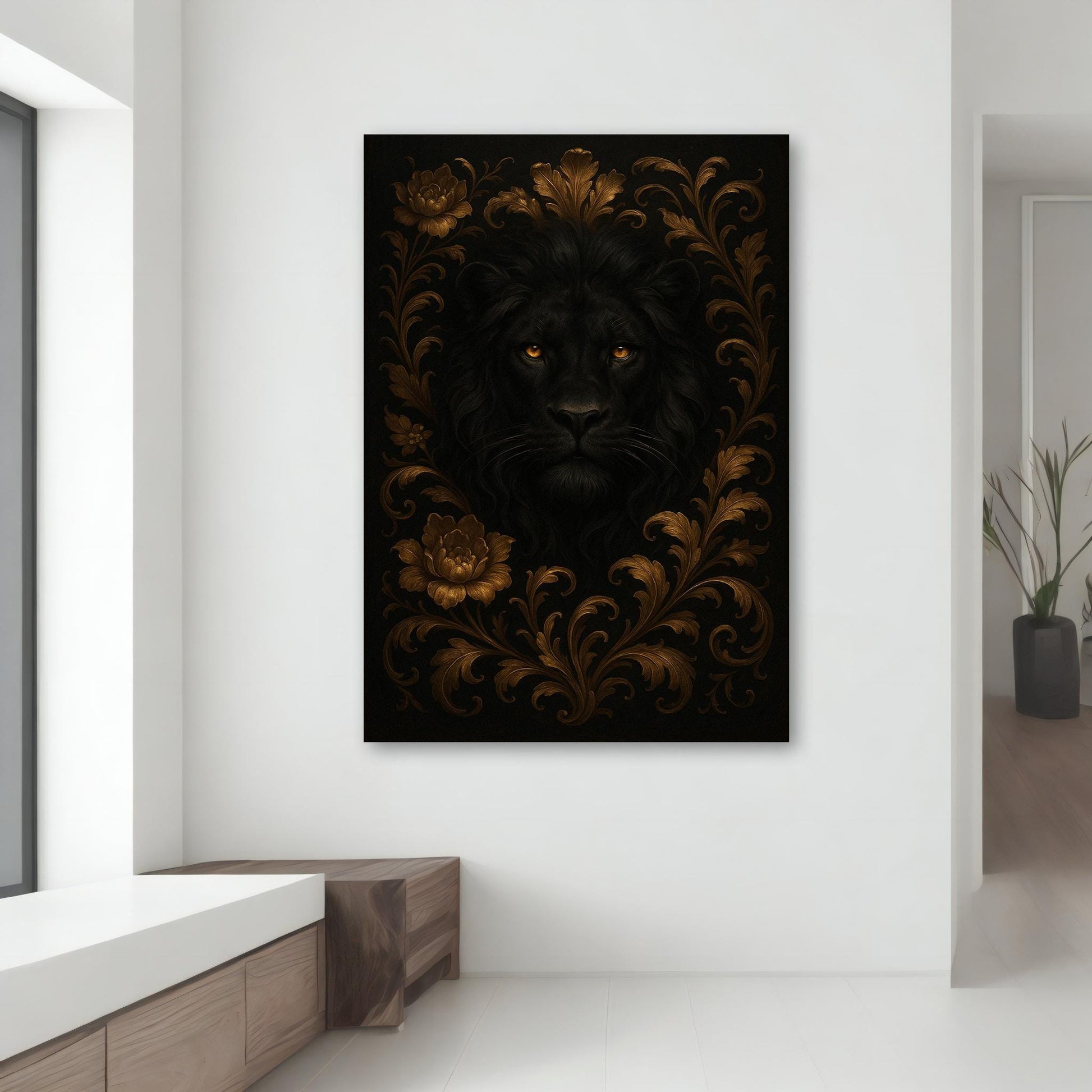 Elegant animal wall art: black lion in a gilded floral frame