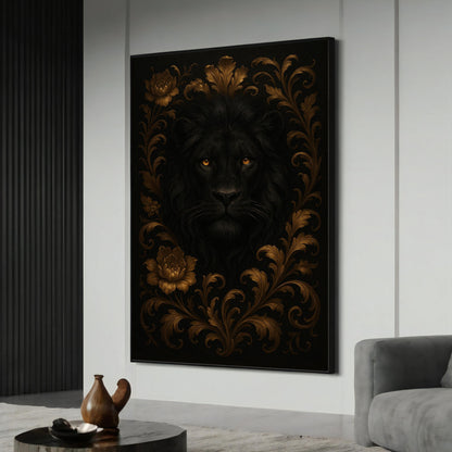 Majestic black lion gaze framed by a golden floral border on premium canvas