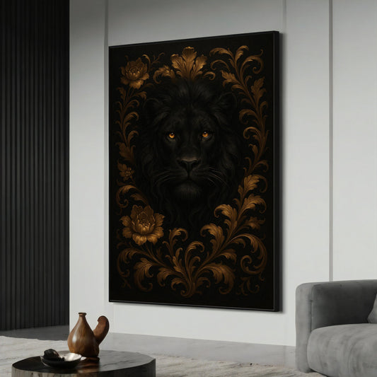 Majestic black lion gaze framed by a golden floral border on premium canvas