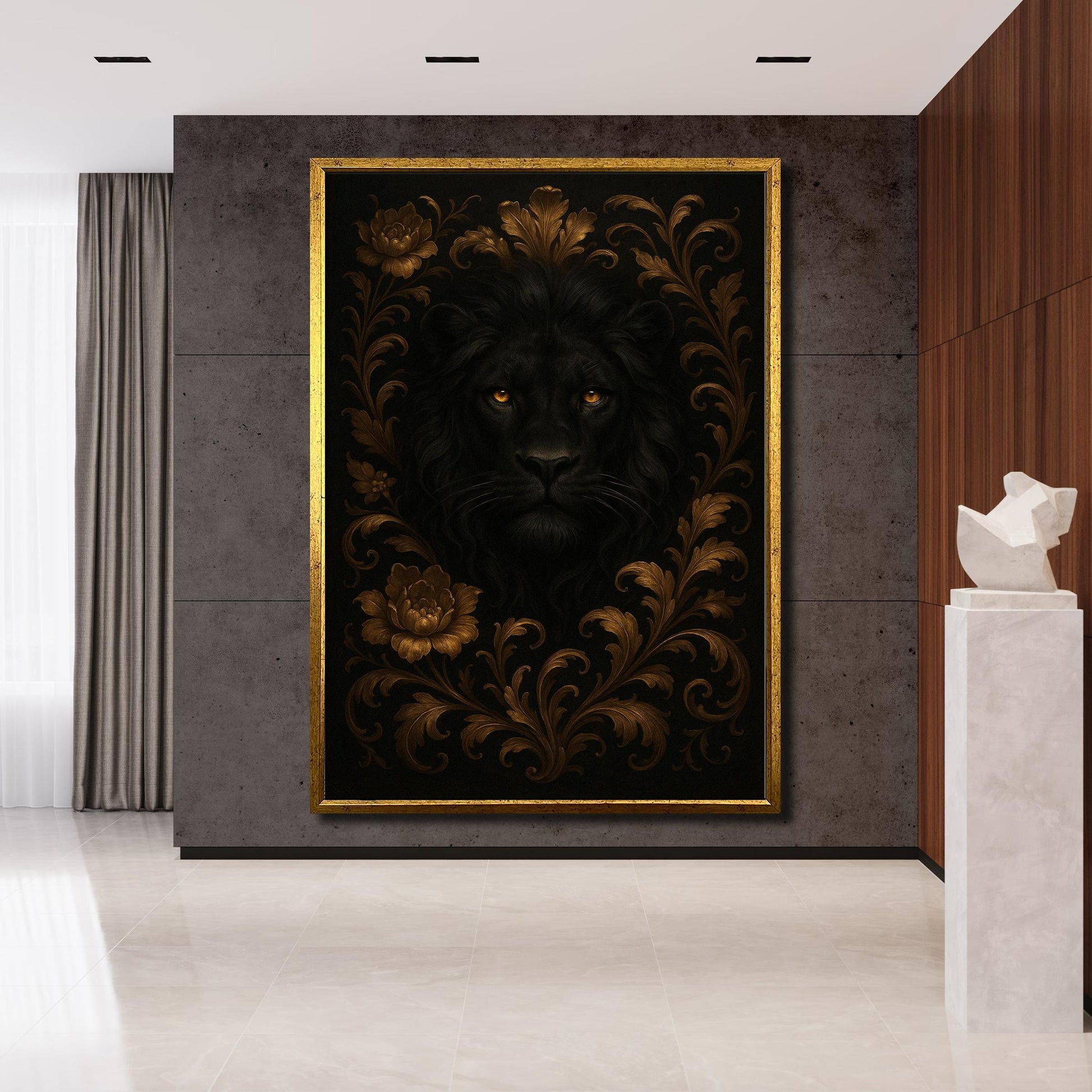 Bold lion portrait on luxurious canvas with ornate gold floral frame