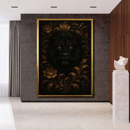 Bold lion portrait on luxurious canvas with ornate gold floral frame