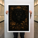 Close-up of black lion's eyes against golden floral decor in wall art