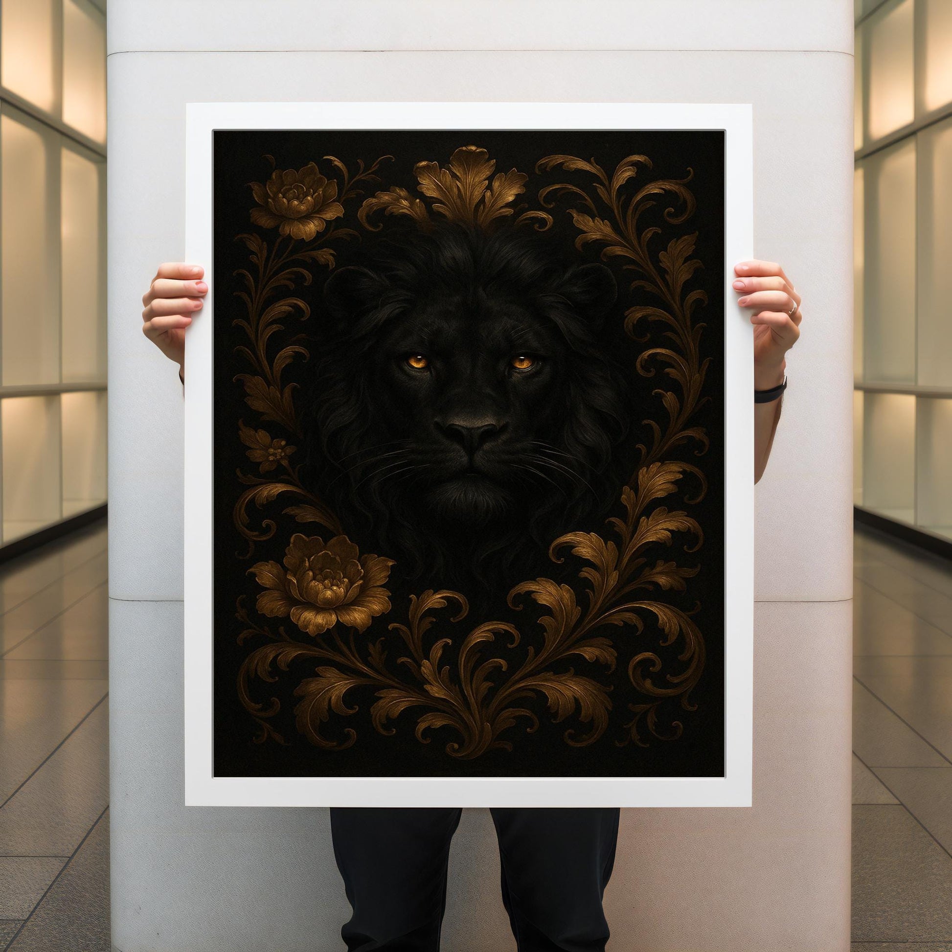 Close-up of black lion's eyes against golden floral decor in wall art