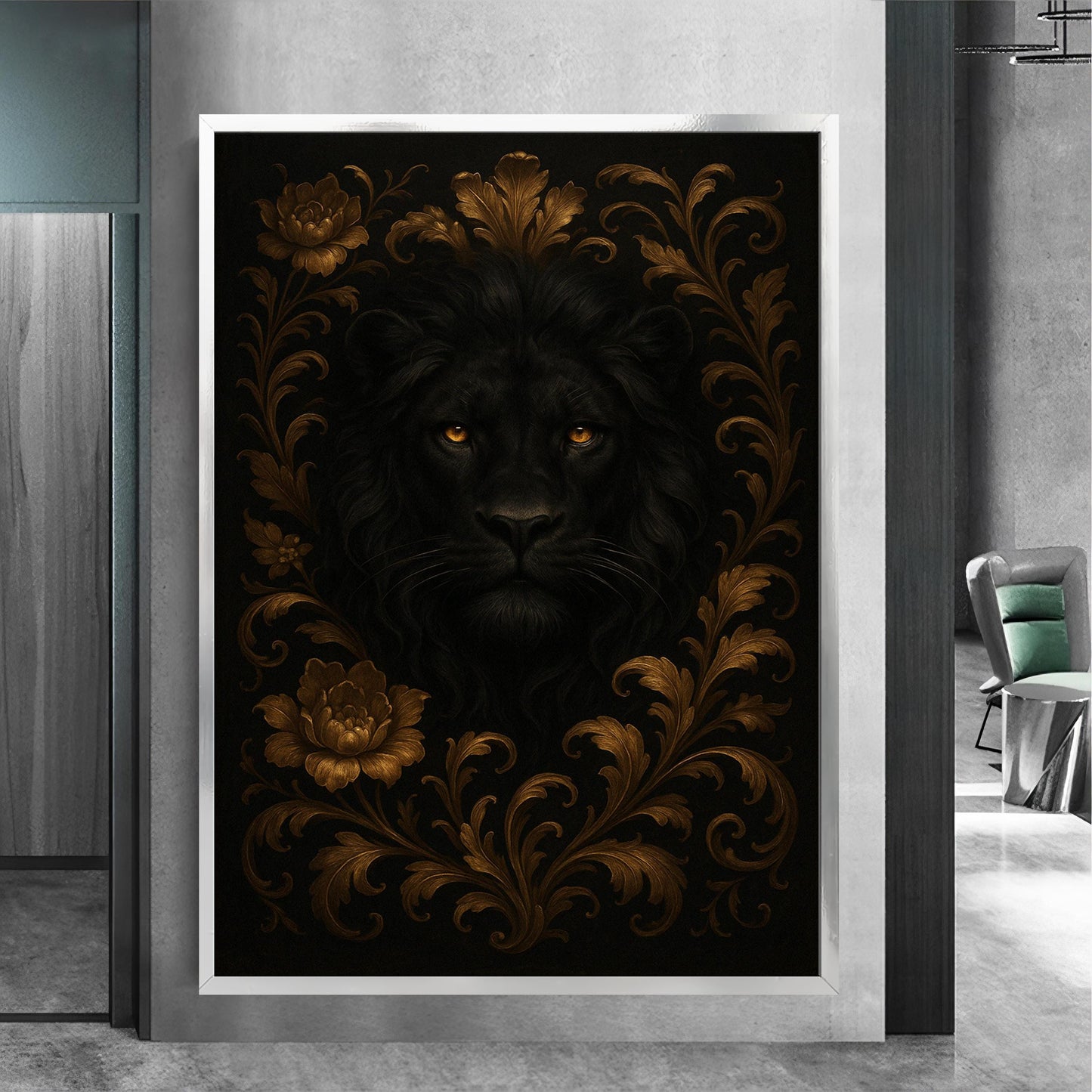 Ready-to-hang canvas featuring jungle-themed lion art with gold accents