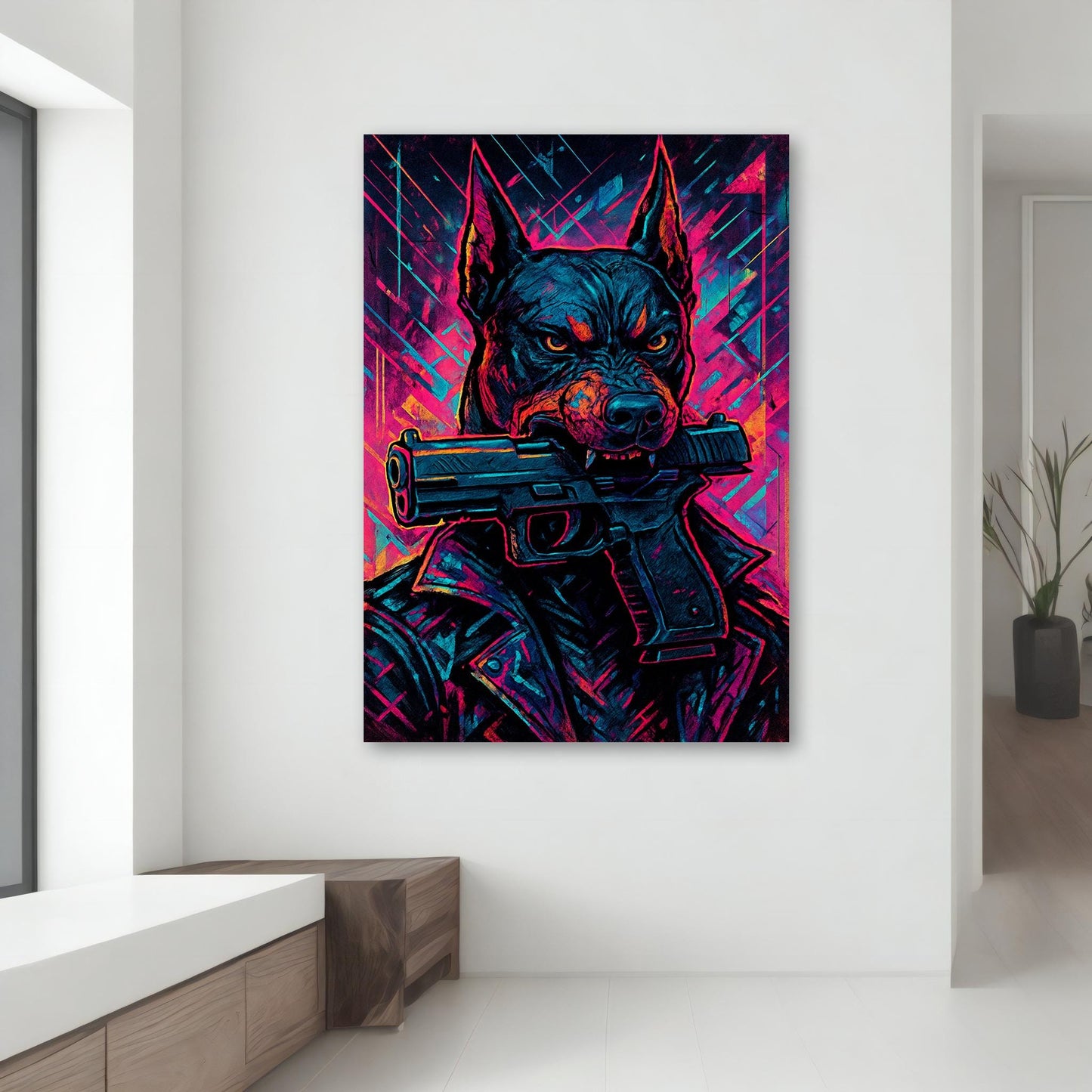 Bold dog wall art with neon glow on textured canvas