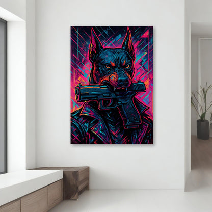 Bold dog wall art with neon glow on textured canvas