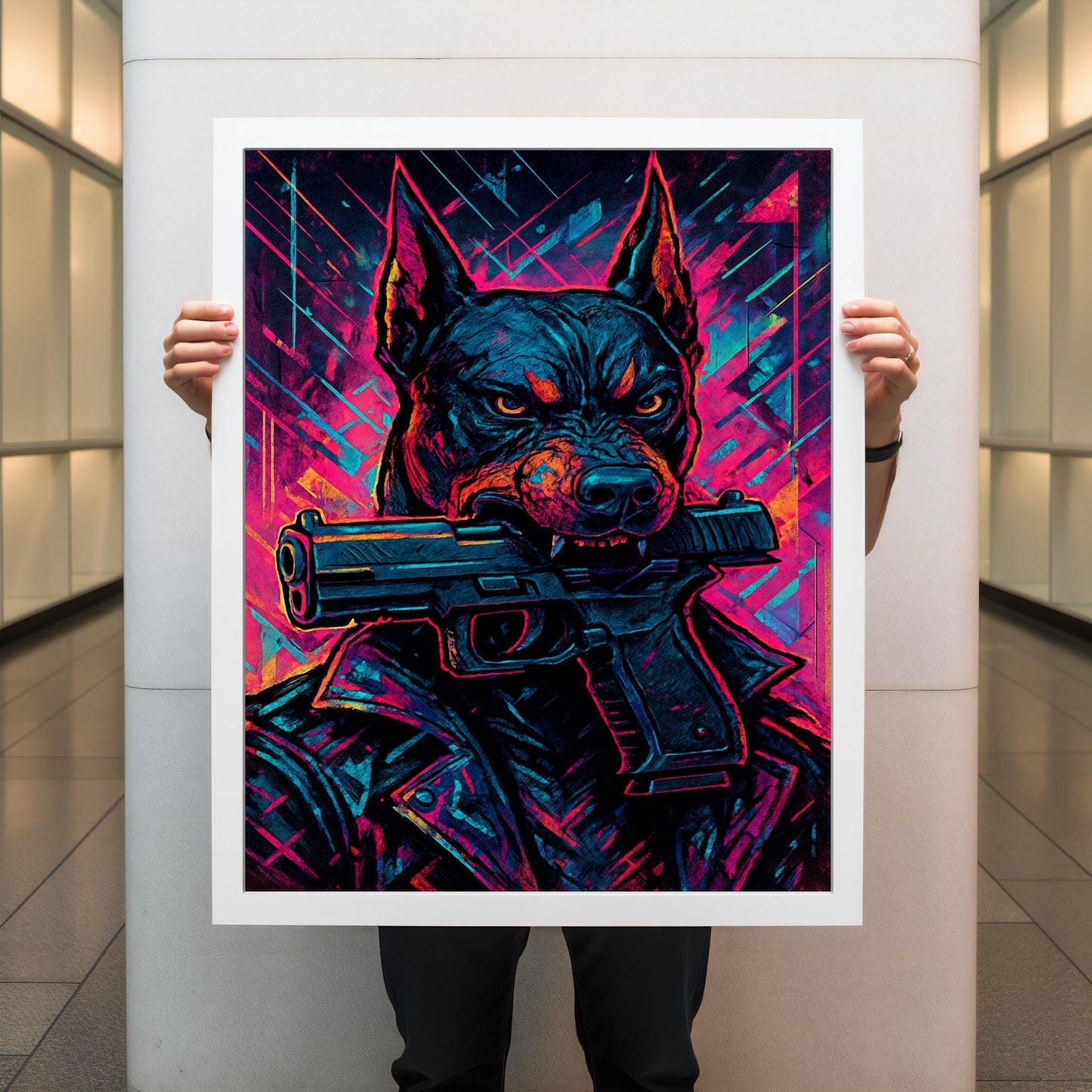 Cyberpunk urban graffiti backdrop with bold dog silhouette