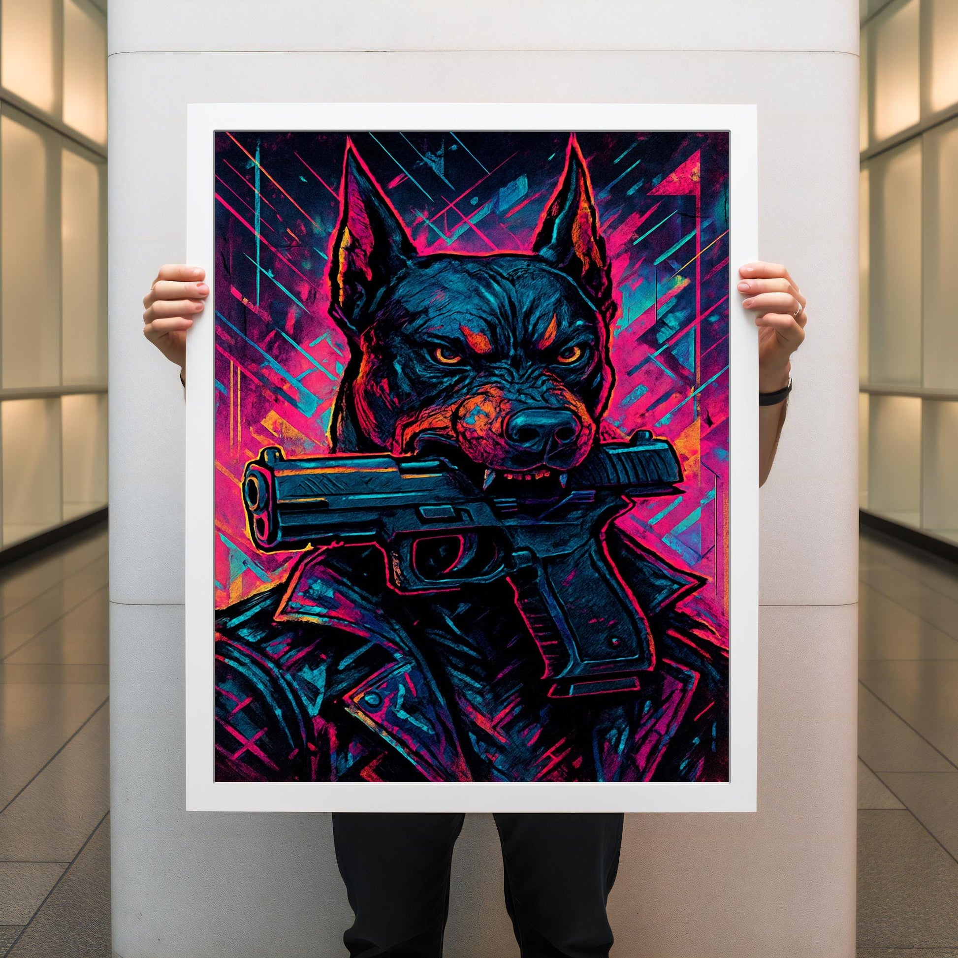 Cyberpunk urban graffiti backdrop with bold dog silhouette