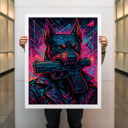 Cyberpunk urban graffiti backdrop with bold dog silhouette