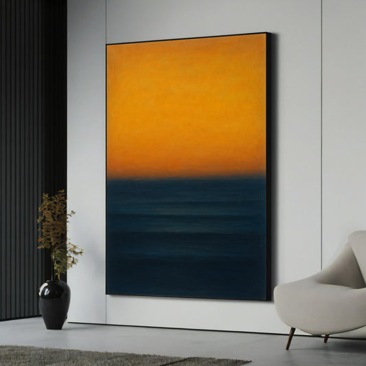Rothko-inspired sunset tones on canvas with yellow and navy abstract blocks
