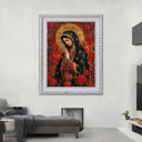 Modern Marian wall decor with luminous blues and golds on canvas