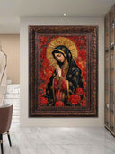 Close-up view of colorful floral accents framing Mary in sacred artwork