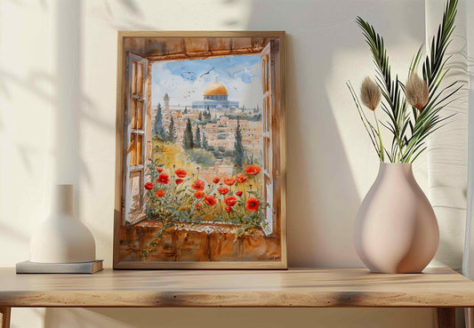 Watercolor window view of the Dome of the Rock with red poppies for wall art