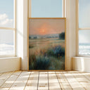 Muted watercolor countryside scene with soft horizon and warm sunset tones