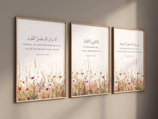 Three-piece Quran verses wall art with floral accents