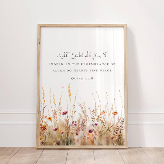 Quran 13:28 Arabic calligraphy wall art with minimalist floral design