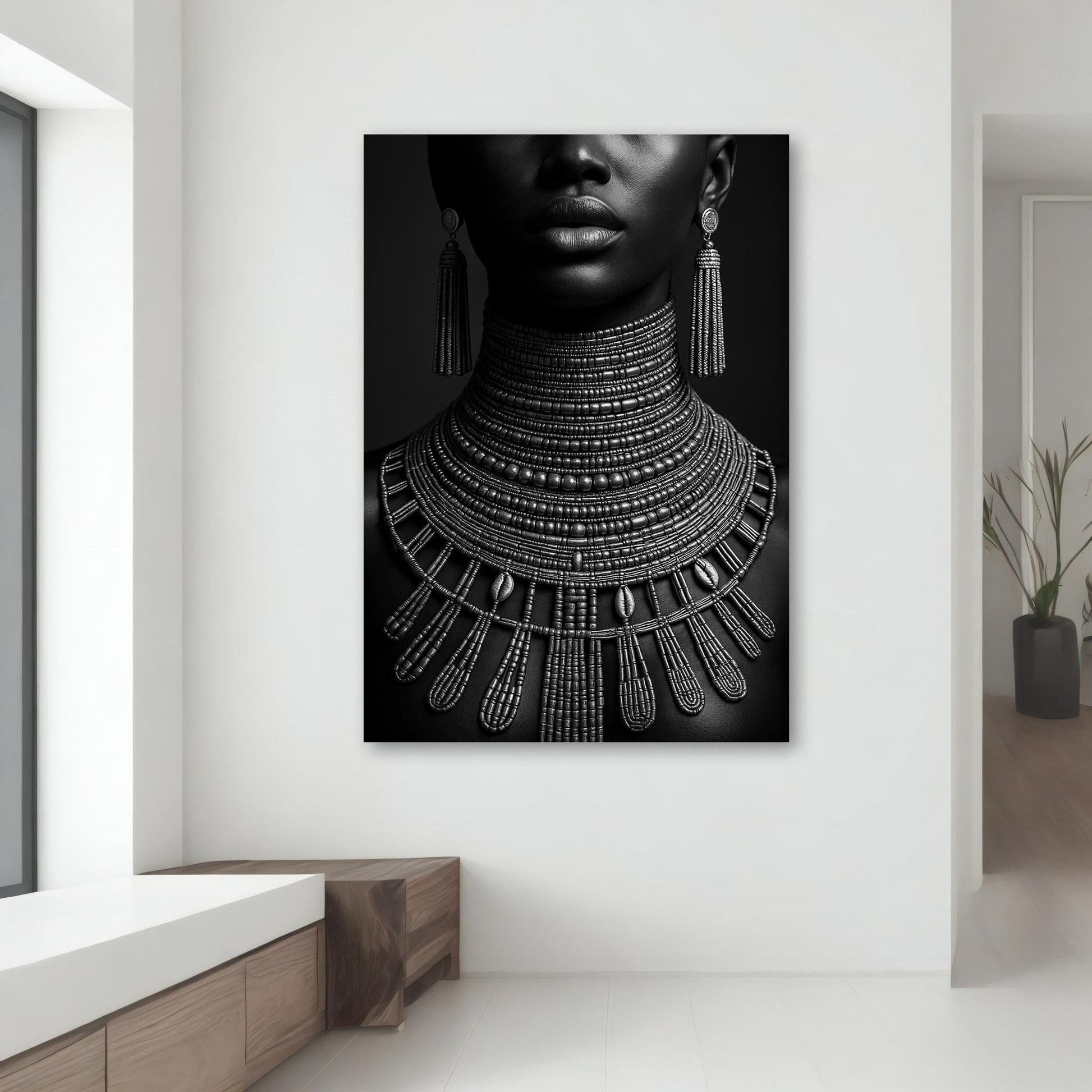 Minimalist monochrome wall art featuring African portrait