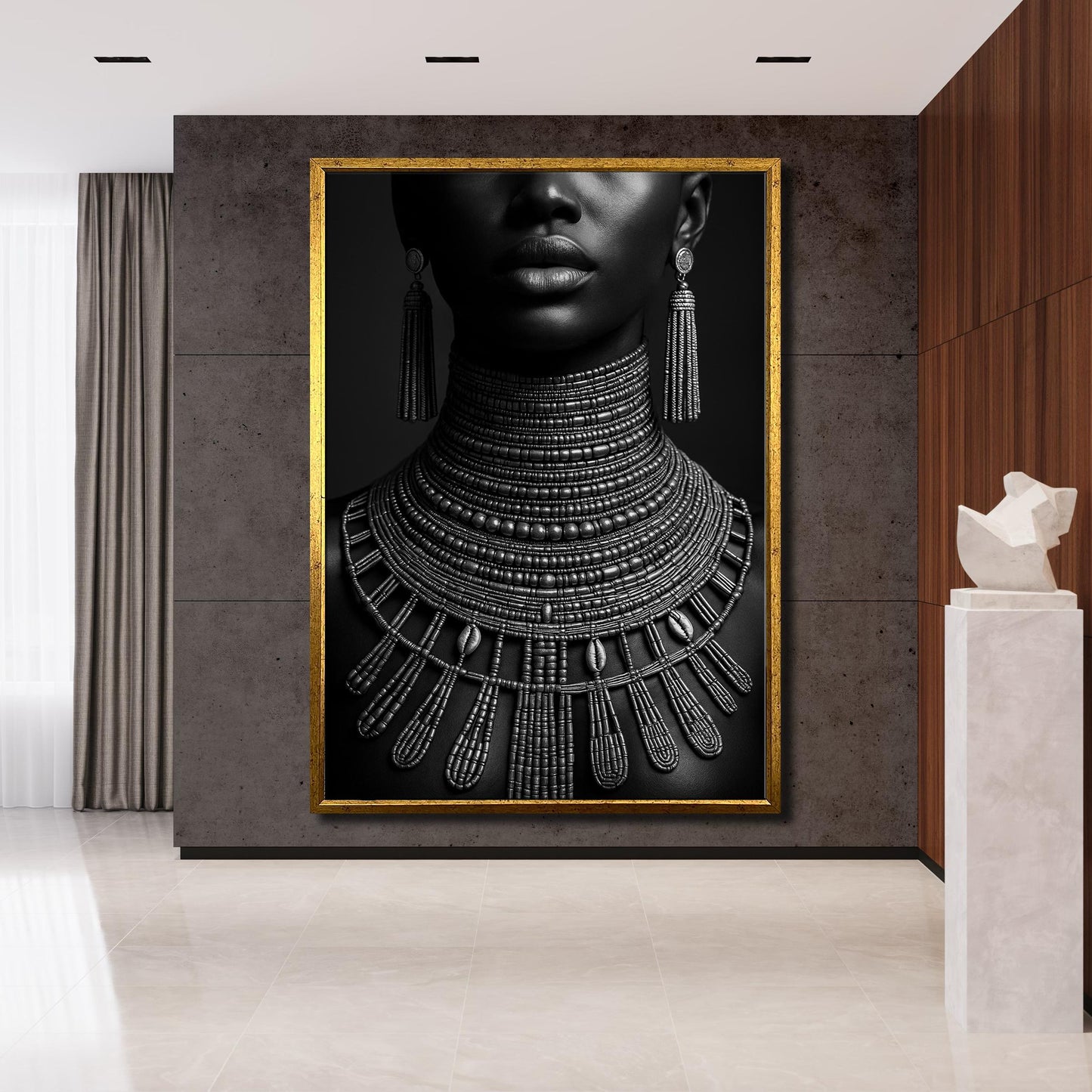 Bold black and white portrait canvas wall art in modern living room setting