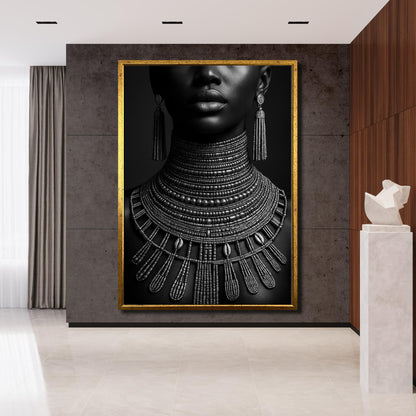 Bold black and white portrait canvas wall art in modern living room setting