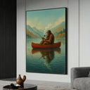 Bigfoot fishing at a tranquil lake on a canvas wall art
