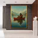 Sunset over a pine forest with Bigfoot casting a line