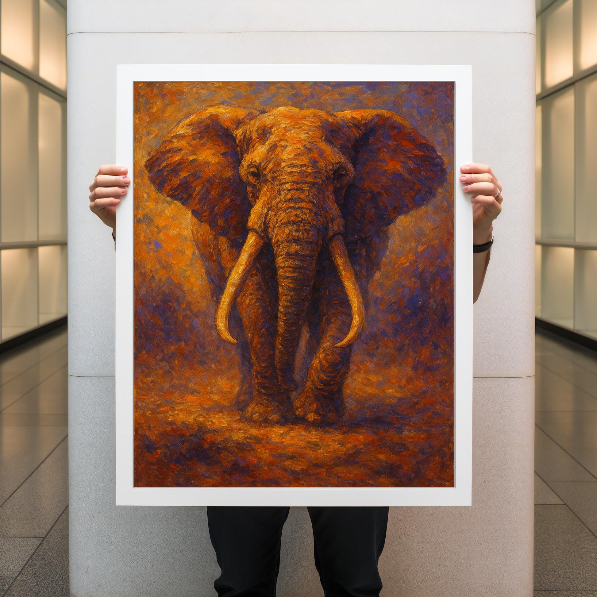 Full view of elephant wall art on textured canvas