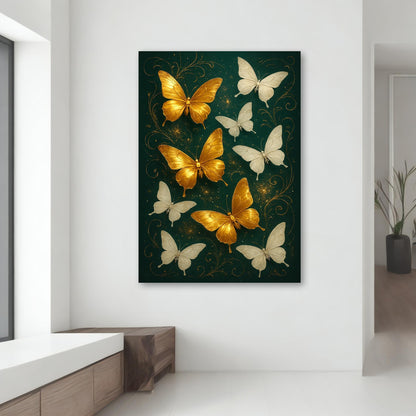 Decorative canvas painting showing butterflies in a sunlit forest backdrop.