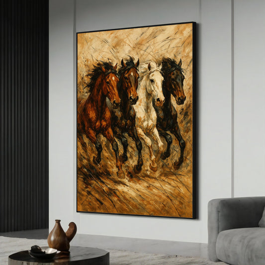 Wild horses galloping across a desert wind landscape on canvas