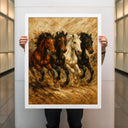 Wide desert scene with a herd of galloping horses in earthy tones