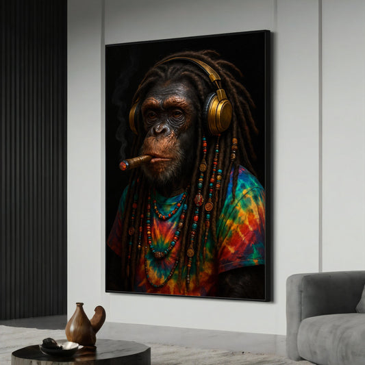 Front view of reggae-inspired canvas painting featuring a dreadlocked chimp wearing headphones and a cigar
