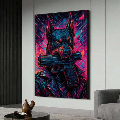Neon Doberman portrait in cyberpunk style on canvas