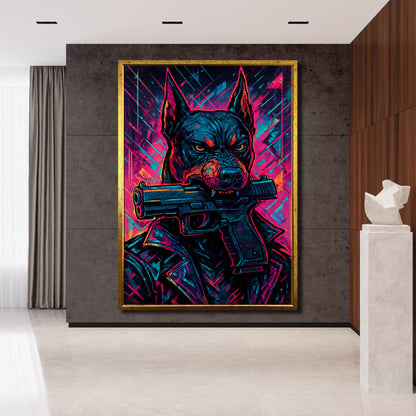 Close-up of glowing neon accents on the Doberman