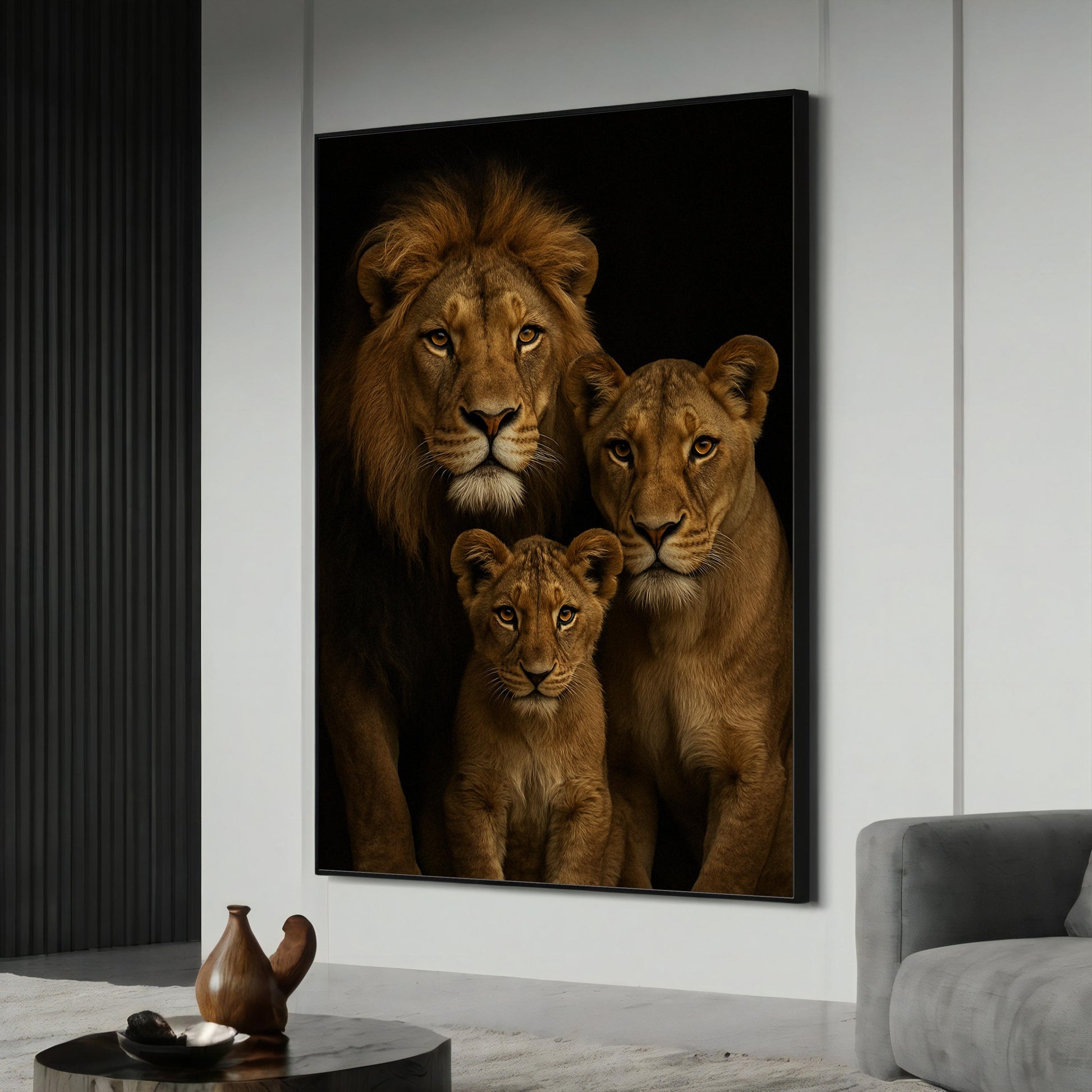Majestic black lion gaze on canvas with golden floral frame