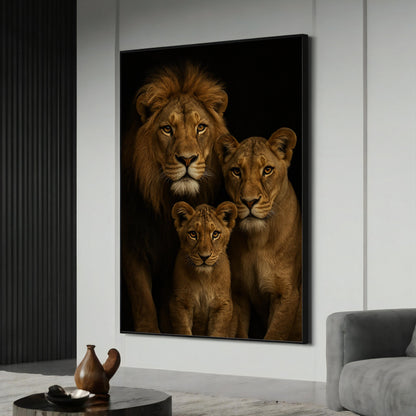 Majestic black lion gaze on canvas with golden floral frame