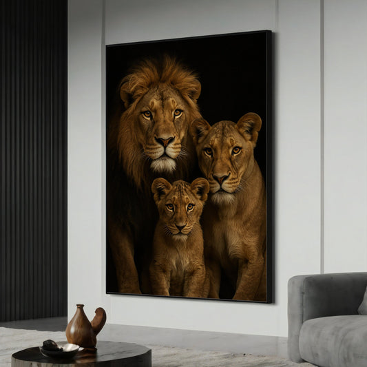 Majestic black lion gaze on canvas with golden floral frame