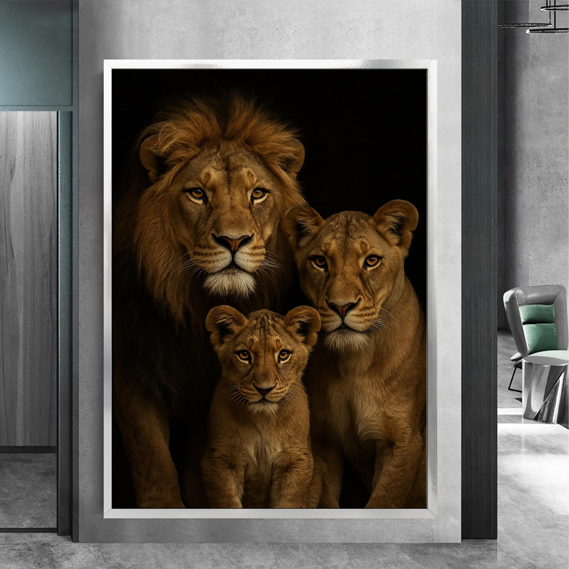 Ornate floral frame surrounding a regal lion portrait