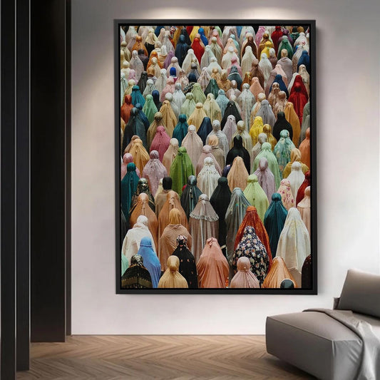 Colorful Islamic prayer gathering wall art featuring Muslim women in hijab, vibrant abstract design
