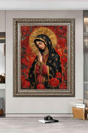 Elegant sacred artwork of Mary with radiant light and floral background