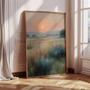 Watercolor Vintage Summer Sunset landscape with golden meadow at dusk