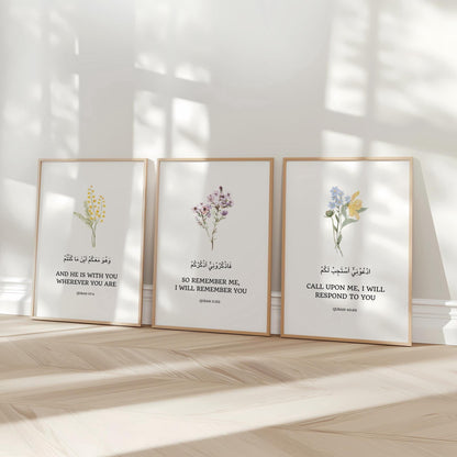 Islamic wall decor prints featuring Quran verses with floral motifs
